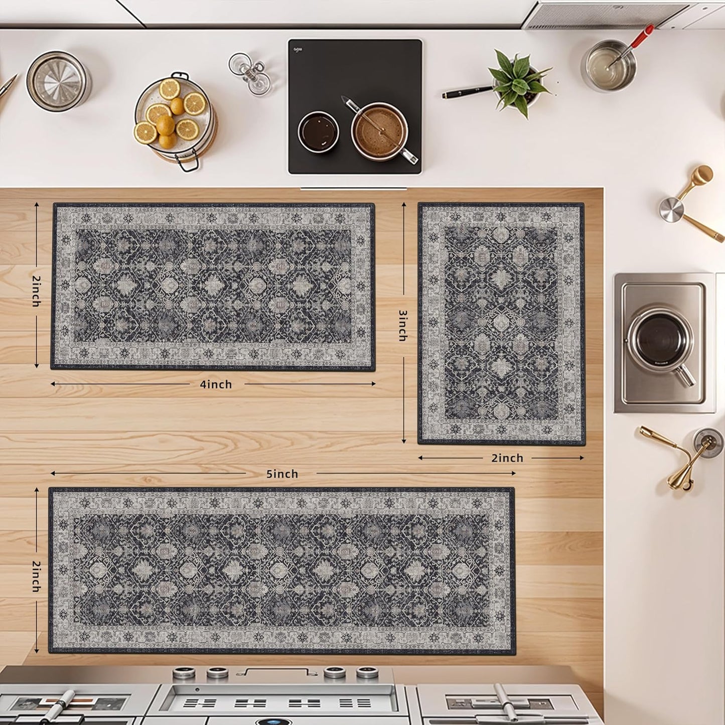 Skiennix Kitchen Rug Set - Washable Non-Slip Floor Mats for Sink & Stove | Cozy Black Runners (2x3, 2x4, 2x5)