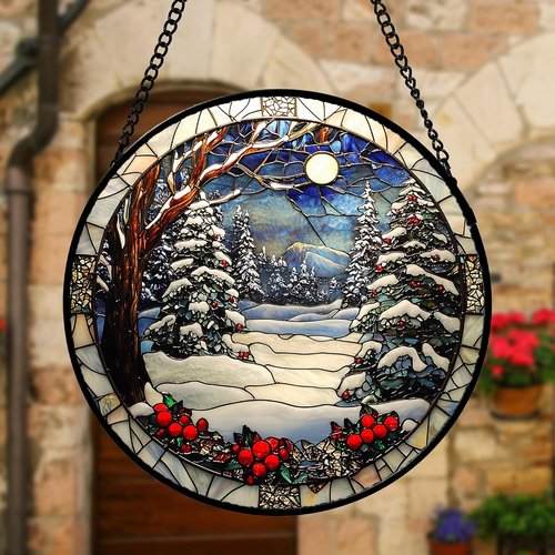 DASTOLL Stained Glass Window Hanging | Christmas Tree Winter Snow Night Suncatcher - 9.8" Home Decor Gift