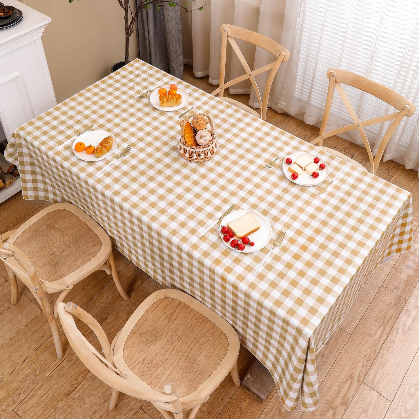 Heavy Duty Vinyl Tablecloth with Flannel Backing Waterproof Oil-Proof Plastic Table Cloth Stain-Resistant Wipeable Rectangle or Square Table Cover for Indoor and Outdoor (Khaki Checkered, 52x70 Inch)
