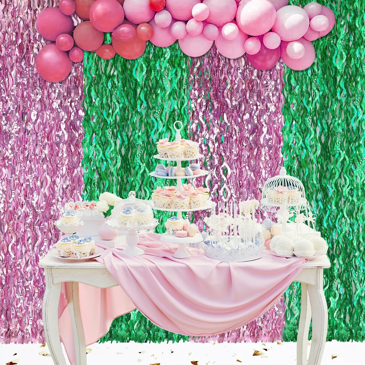 kaiolbly 6 Pack Pink and Green Foil Fringe Curtain, Wavy Photo Metallic Tinsel Background for Witch Birthday Party Decoration Bachelorette Wedding Streamer Backdrop Theme Supplies
