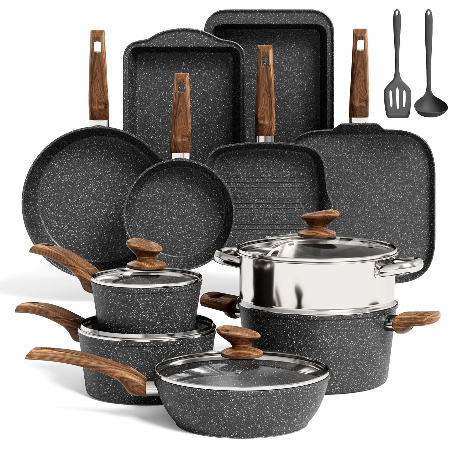 Kitchen Academy 17Pcs Induction Cookware Sets, Granite Pots and Pans Set Non Stick, Black Kitchen Cooking Pans, PFOA & PFOS Free