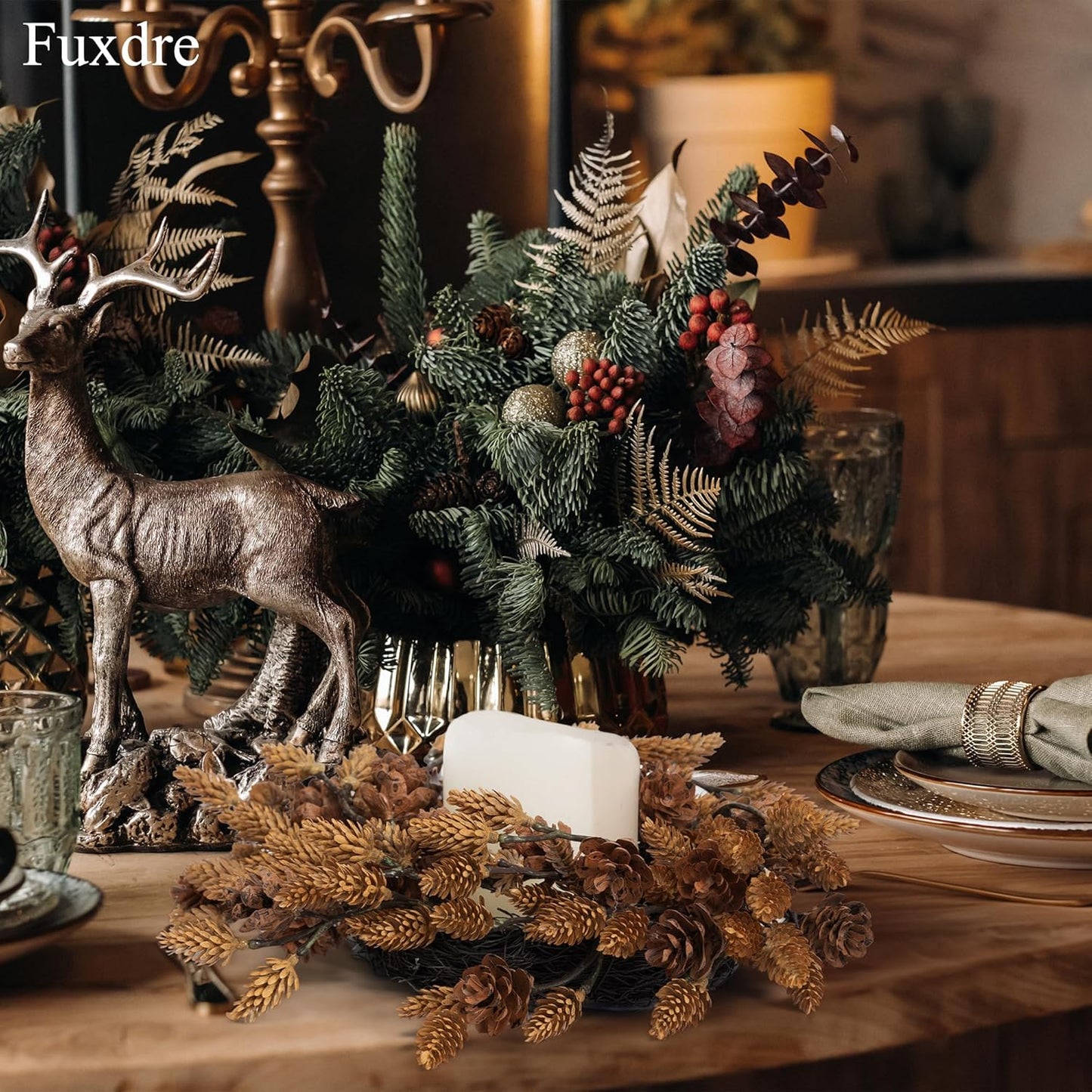 Skiennix Christmas Candle Rings - 10 Inch Wreath with Artificial Brown Pinecones | Indoor Decor for Home Centerpieces