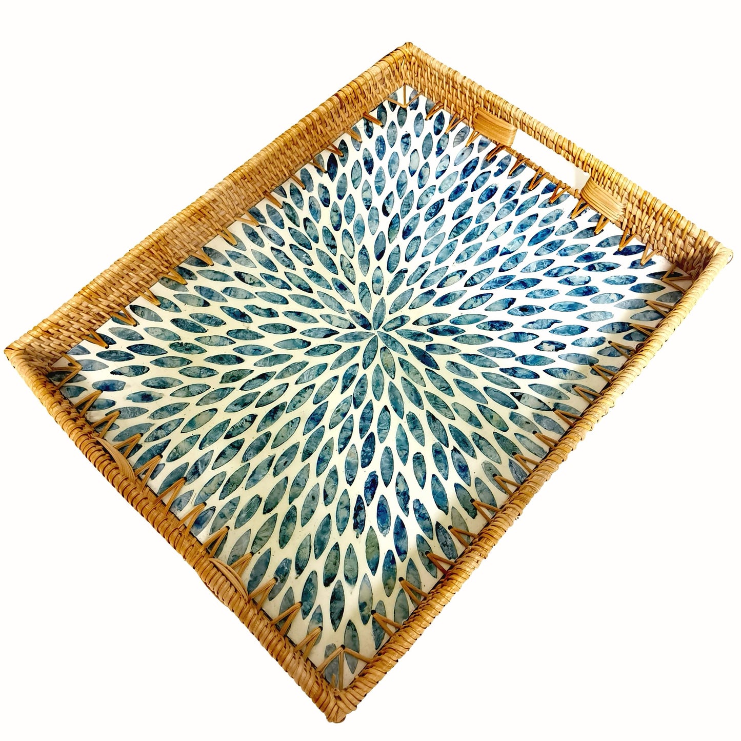 i-lan 18inch Rectangle Rattan Woven and Blue Mother of Pearl Dining Room Table Serving Tray Display Basket with Cutout Handles,Living Room Boho Wicker and MOP Coffee Table Serving Tray Décor