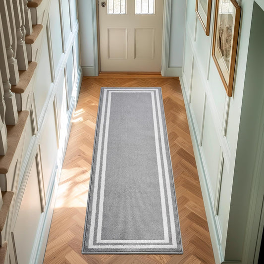 Laura Ashley All Loop Tufted 26" x 96" Washable Skid-Resistant Runner Rug - Light Grey/Ivory Debbie Double Border Two-Tone