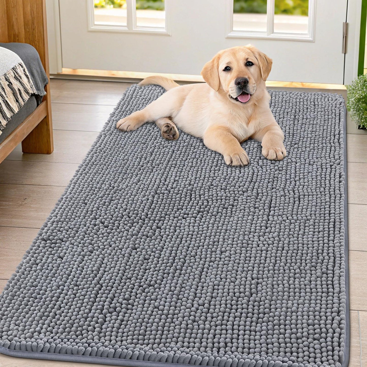 Smiry Dog Door Mat for Muddy Paws 44x32, Absorbent Dirt Trapper, Non-Slip Washable Chenille Entryway Rug for Inside Floor, Grey, Classic Solid