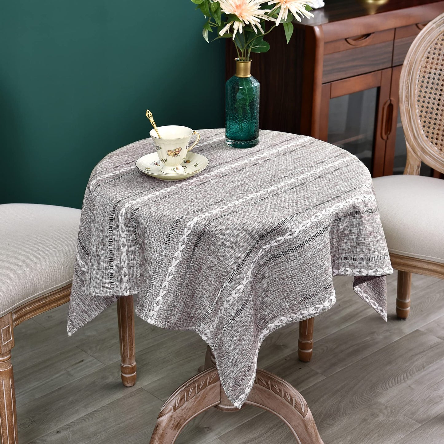 NEWISHER Rustic Farmhouse Embroidered Small Square Tablecloth Jacquard Striped Table Cloth Linen Texture Washable Fabric Side Table Cover Kitchen Dining Home Decoration (Coffee, 36x36 inch)