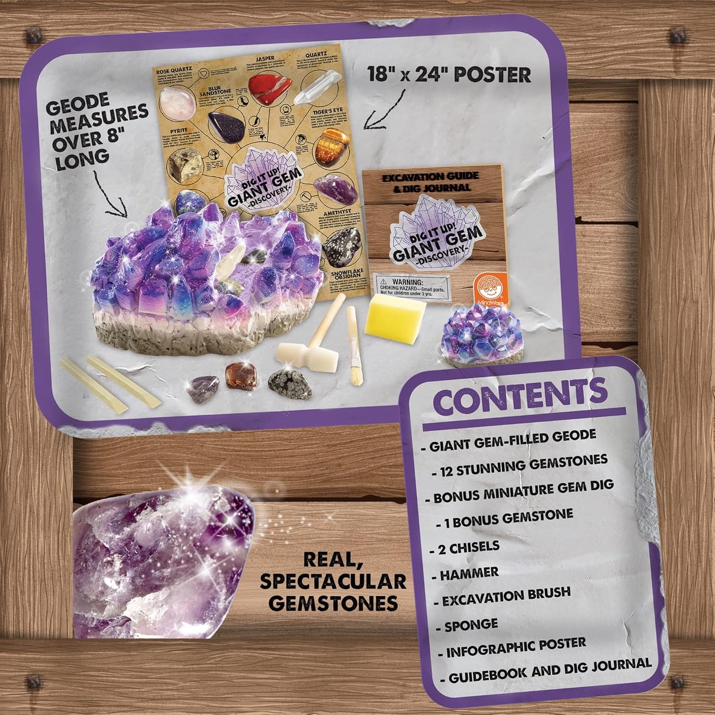 MindWare Dig It Up Giant Gem Discovery Kit - Engaging Geology Experience for Kids | 12 Real Polished Gemstones, Tools & Poster - Ages 4+