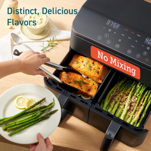COSORI Dual Air Fryer 9Qt – 10-in-1, Fresh Balanced Meals for Family and Children with Double Baskets, Sync Cook & Finish to Bake, Roast, Reheat, Broil & 130 Recipes for Easy Cooking, Dishwasher Safe