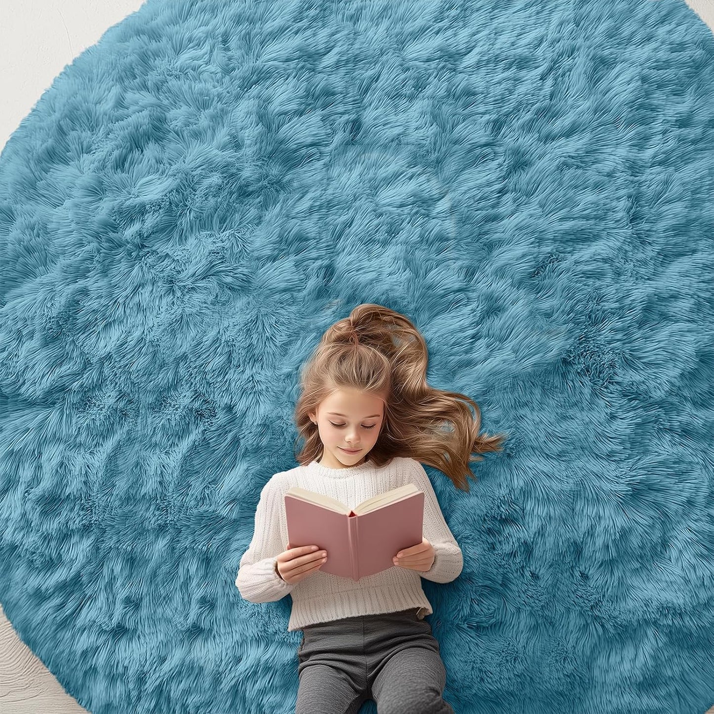 OLANLY Round Slate Blue Area Rug - Soft, Machine Washable 8 ft Circle Carpet for Bedrooms & Living Rooms