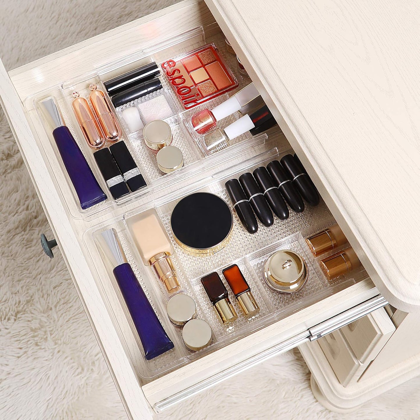 Oubonun Expandable Drawer Organizer - Shallow Cosmetic Storage Trays | 11.1” to 19.2” Width, 4 Pack, Clear