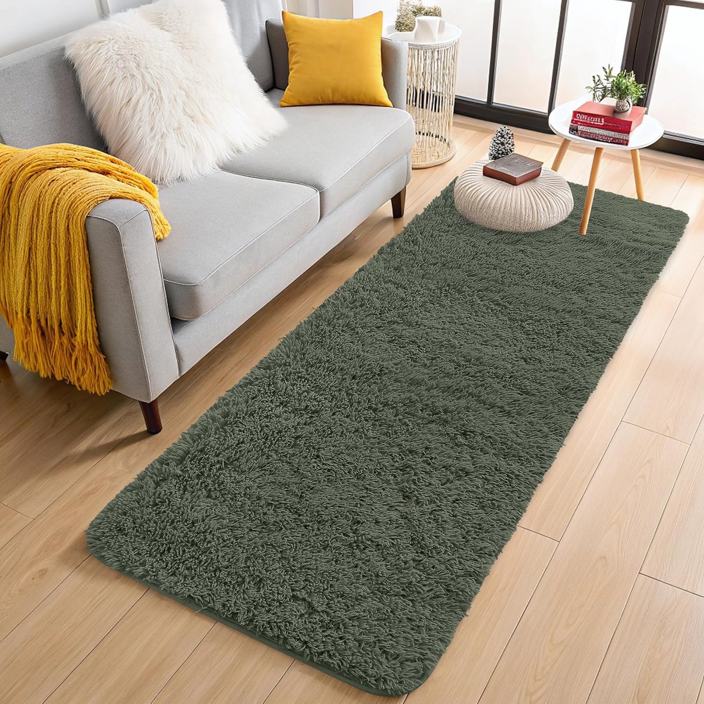 OLANLY Machine Washable Runner Rugs - Soft Fluffy Shaggy Indoor Carpet for Bedroom & Hallway | Olive Green