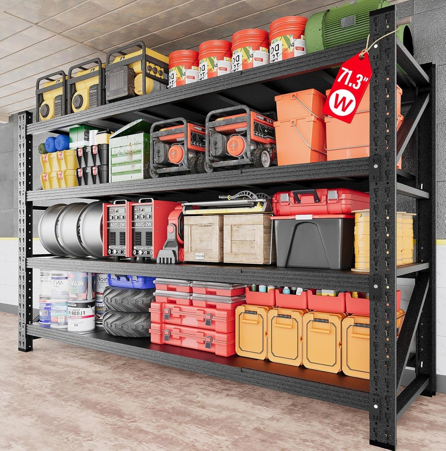 Regine Switzerland Heavy Duty Garage Shelving Unit - 5000LBS Capacity | Black Metal, 71.3"W x 24"D x 70"H