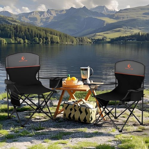ALPHA CAMP Folding Camping Chairs - Portable Lawn Chairs with Cup Holders & Cooler Pouch | Supports 225 LBS, 2 Pack