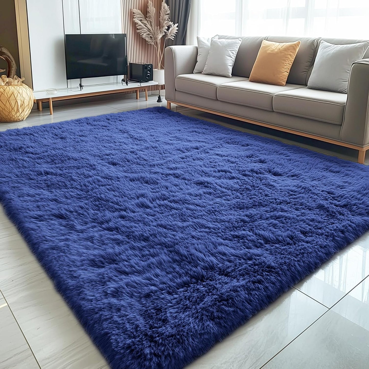 OLANLY Large Area Rug - Soft Fluffy Shaggy Carpet for Living Room & Bedroom | Navy Blue, Machine Washable