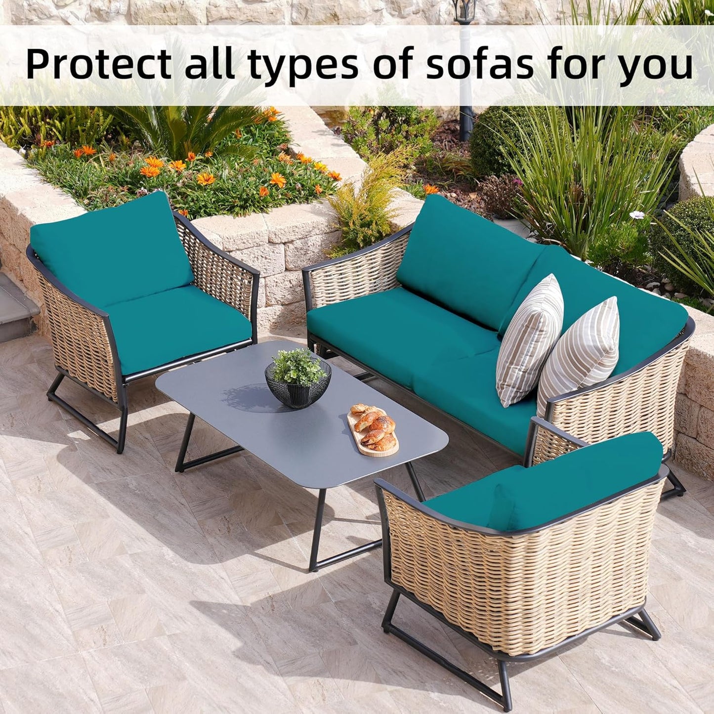 Skiennix 8-Piece Stretch Patio Cushion Covers - Washable Outdoor Sofa Slipcovers in Peacock Blue