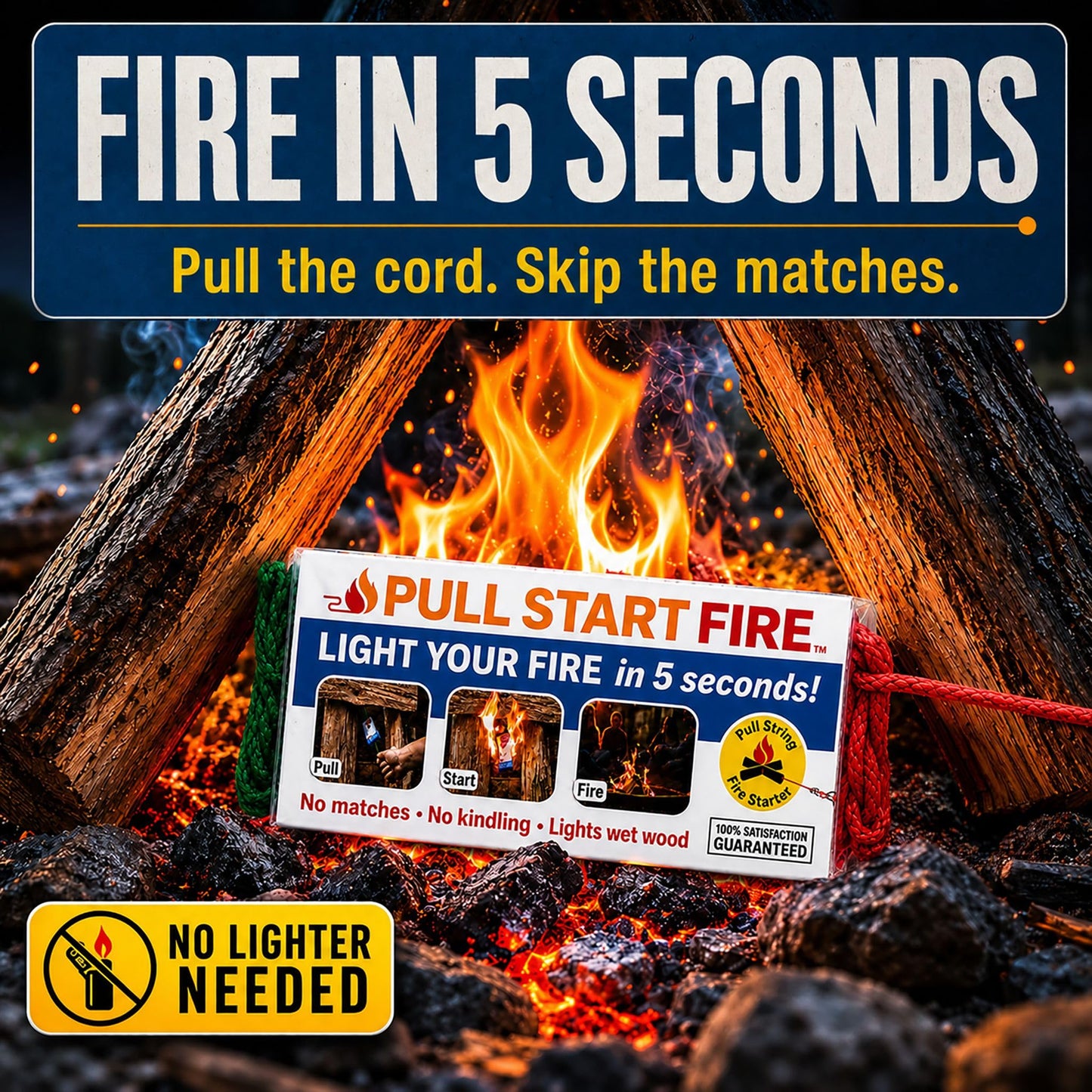 Pull Start Fire Pull String Fire Starter - No Matches Required, Lights Wet Wood, Chimney Starter, Food Safe Firestarter Brick for Campfire Grill, BBQ, Fireplace, Firepit, Burns 30 Minutes - 12 Count