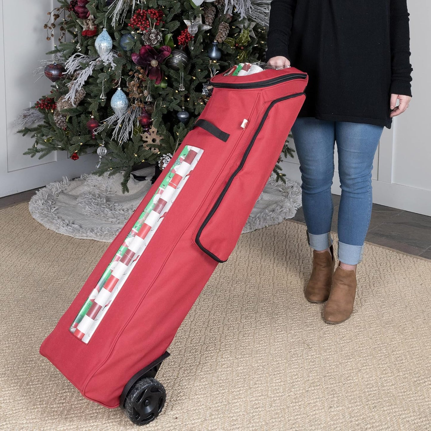 Rolling Gift Wrapping Paper Storage Containers - Holds 12 (40-Inch) Rolls | Over Door Organizer with Oversized Wheels