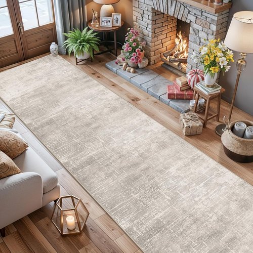 Hallway Washable Runner Rug - Stain Resistant Abstract Design | Soft Non-Slip Indoor Carpet (2'6x14, Beige/Cream)