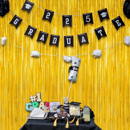 Gold Graduation Decorations 2026 - 12 Pack Metallic Backdrop Curtains | 3.28 FT x 7.05 FT Fringe Streamers