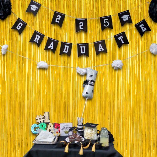 12 Pack 2026 Graduation Decorations, 3.28 FT x 7.05 FT Gold Backdrop Curtains, Metallic Class of 2026 Backdrop Fringe Curtains Foil Streamer, Gold Grad Decorations 2026 Party Supplies