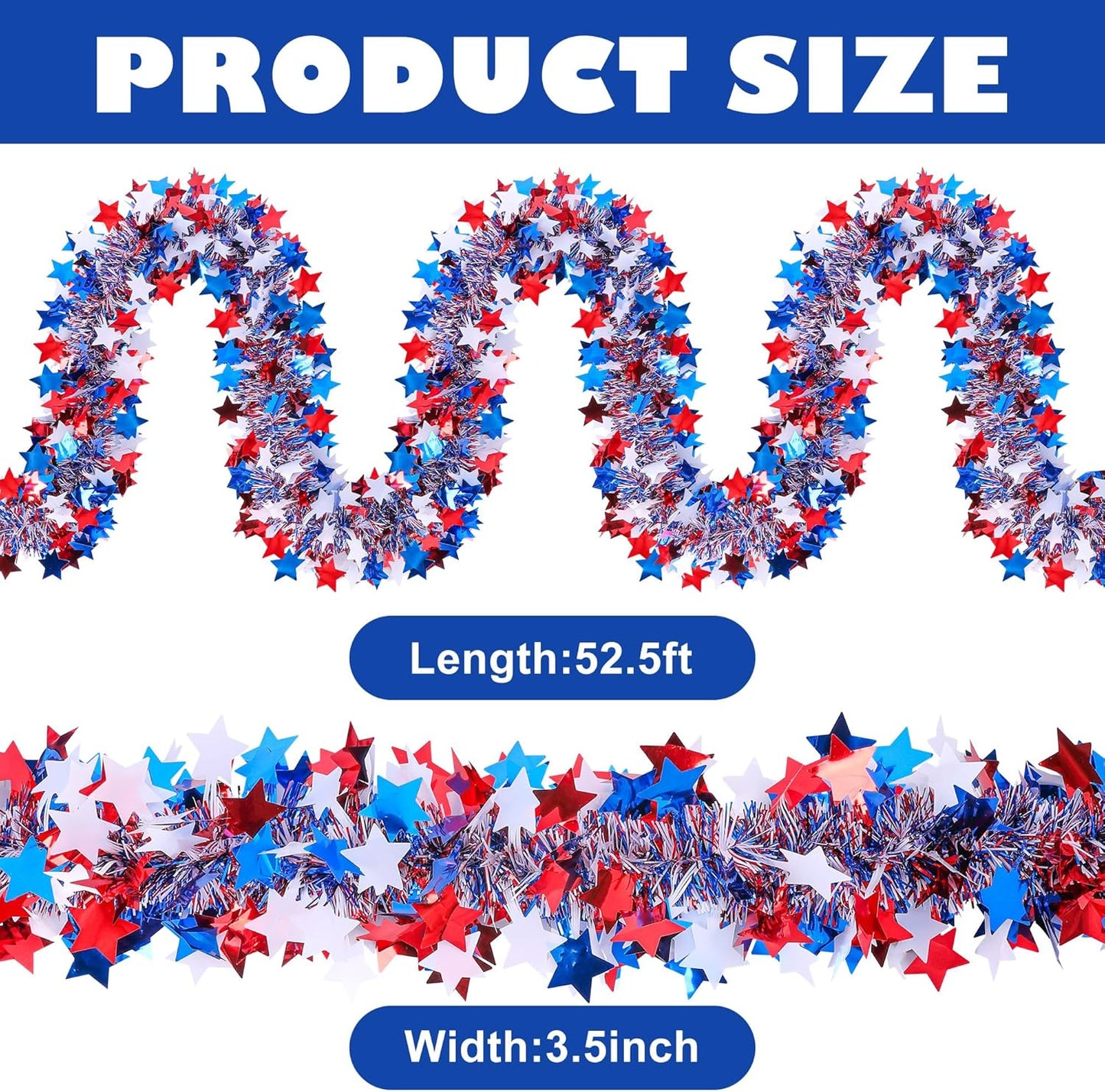 Regine Switzerland Patriotic Glitter Tinsel Garland - 52.5Ft Red, White & Blue Metallic Twist for 4th of July Decor