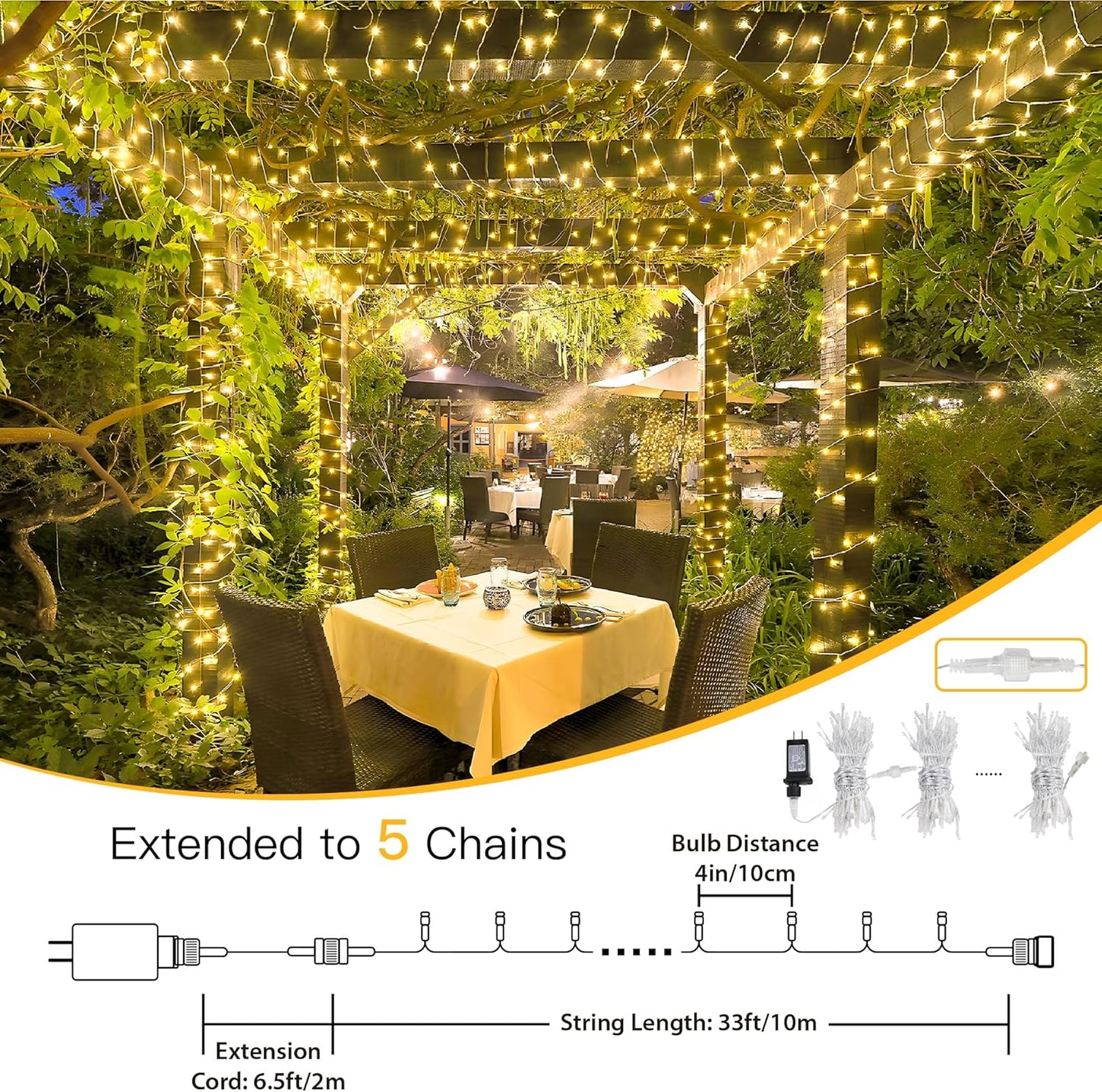 Skiennix 33FT 100 LED Fairy String Lights - Waterproof Indoor/Outdoor Twinkle Lights | 8 Modes for Bedroom, Patio, Garden Decor (Warm White)