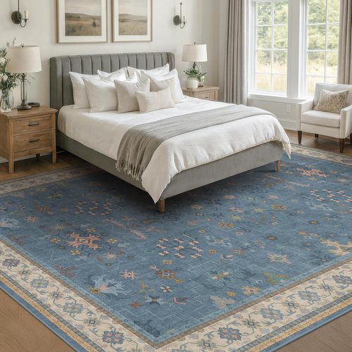 Hazo Haus Boho Area Rug - Large 8x10 Dusky Blue Soft Washable Non-Slip for Living Room & Bedroom