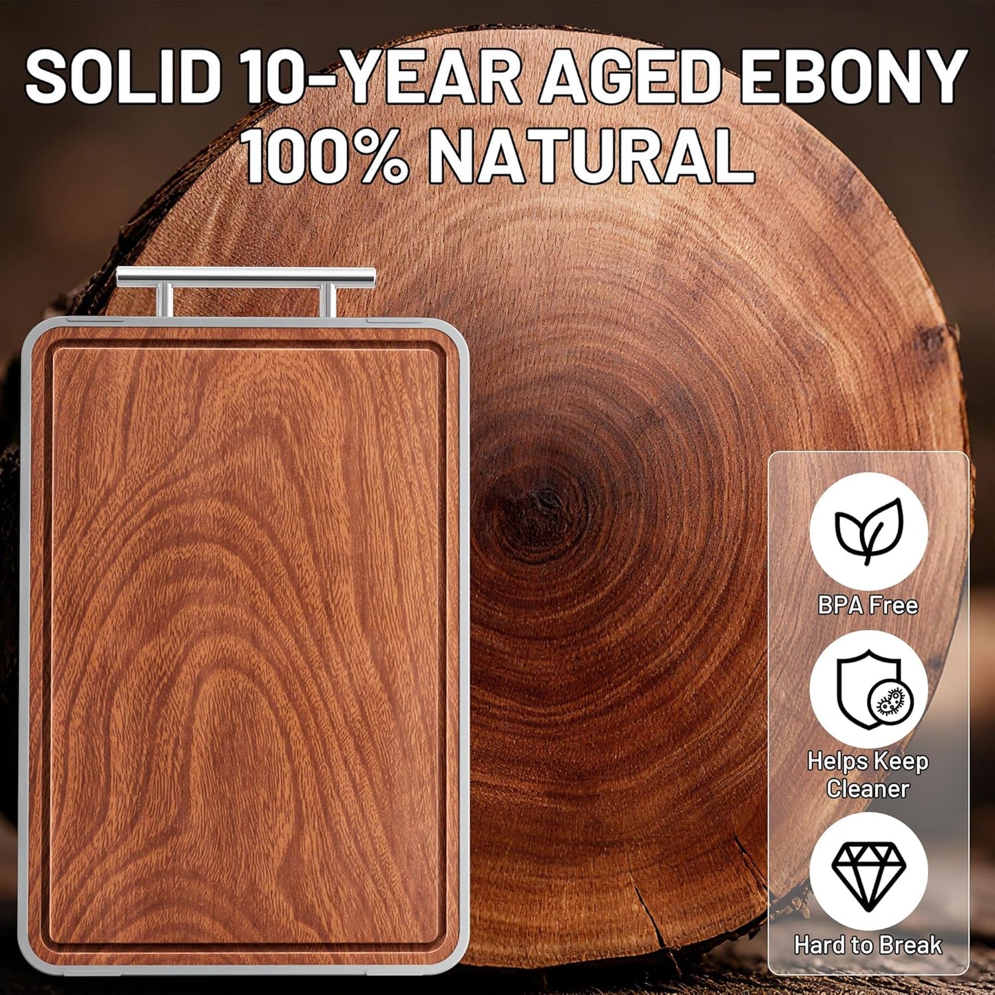 Titanium Cutting Boards - Ebony Wood Double-Sided Chopping Board with Handle & Juice Groove