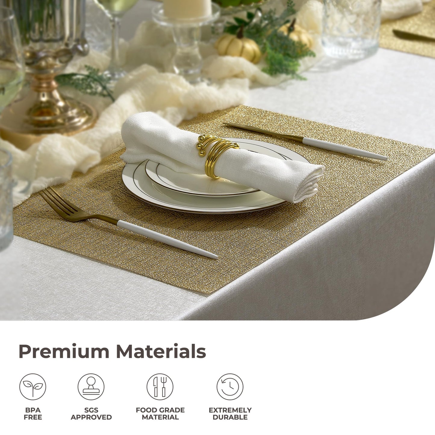 Leetaltree Gold Placemats Set of 24 - Heat Resistant Non-Slip Place mats for Dining Table, Washable Durable PVC Vinyl Woven Table Mats(Luxury Gold, 24)