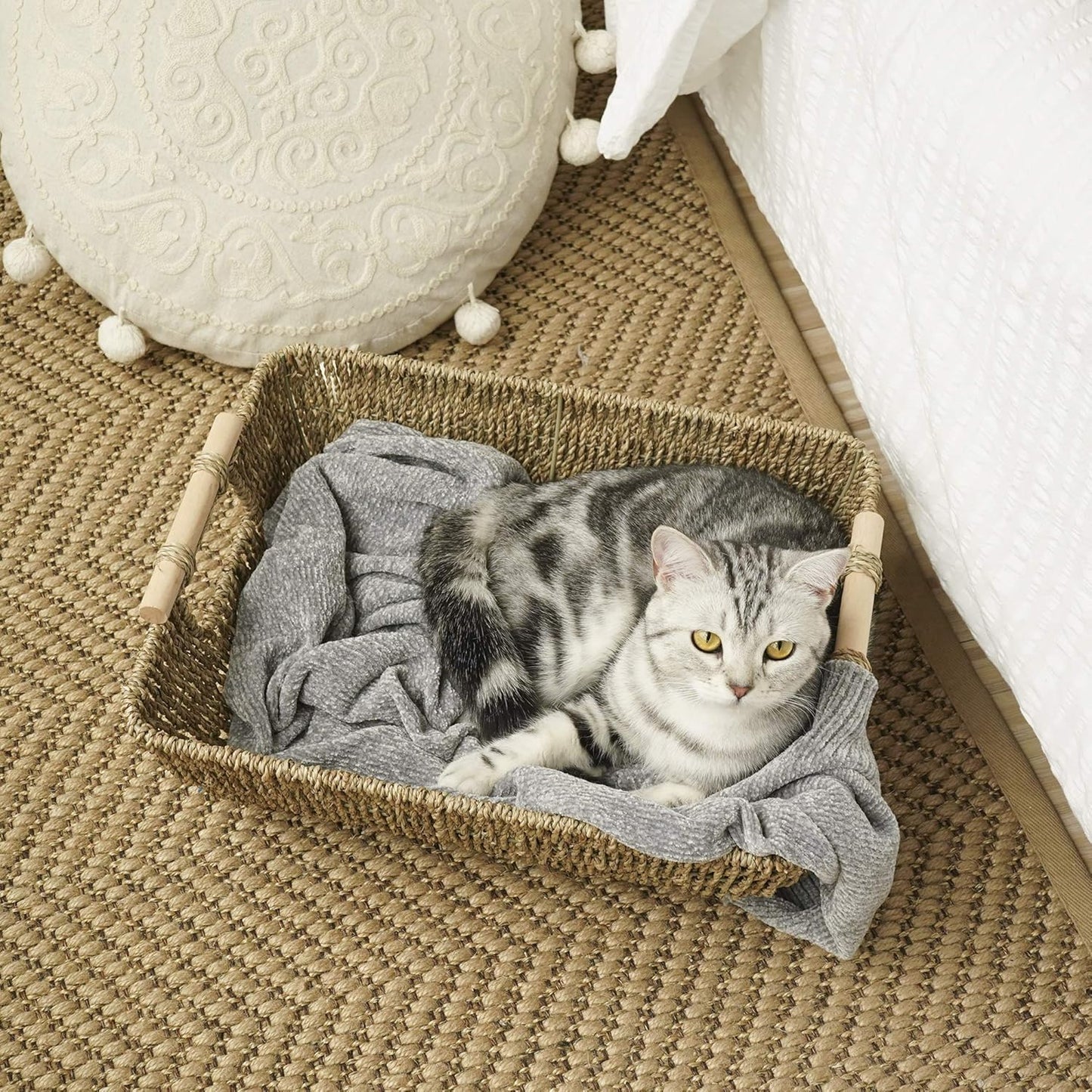 StorageWorks Jumbo Hand-Woven Seagrass Storage Baskets - 2-Pack with Wooden Handles for Organizing