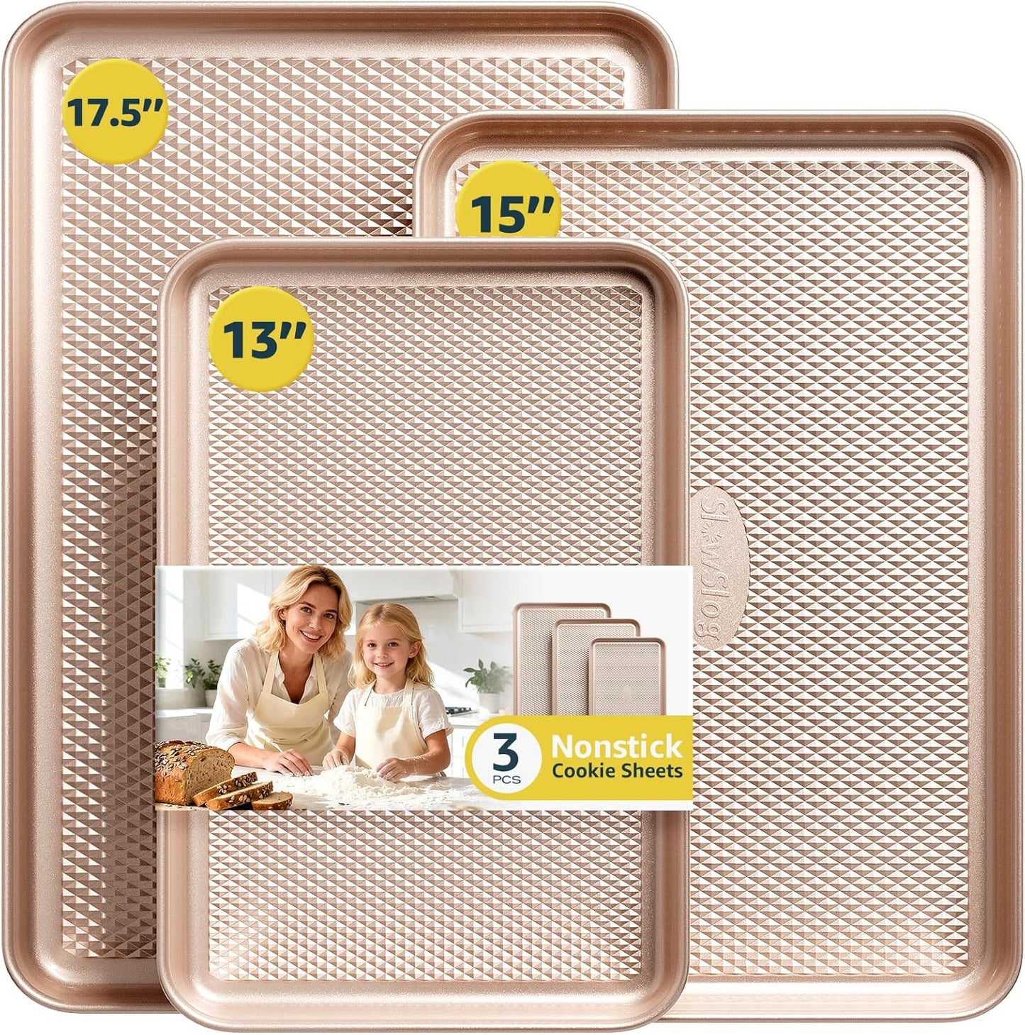 3Pcs Nonstick Baking Sheet Pan Set by [Brand Name] - Heavy Duty Carbon Steel | Gold Jelly Roll Pans