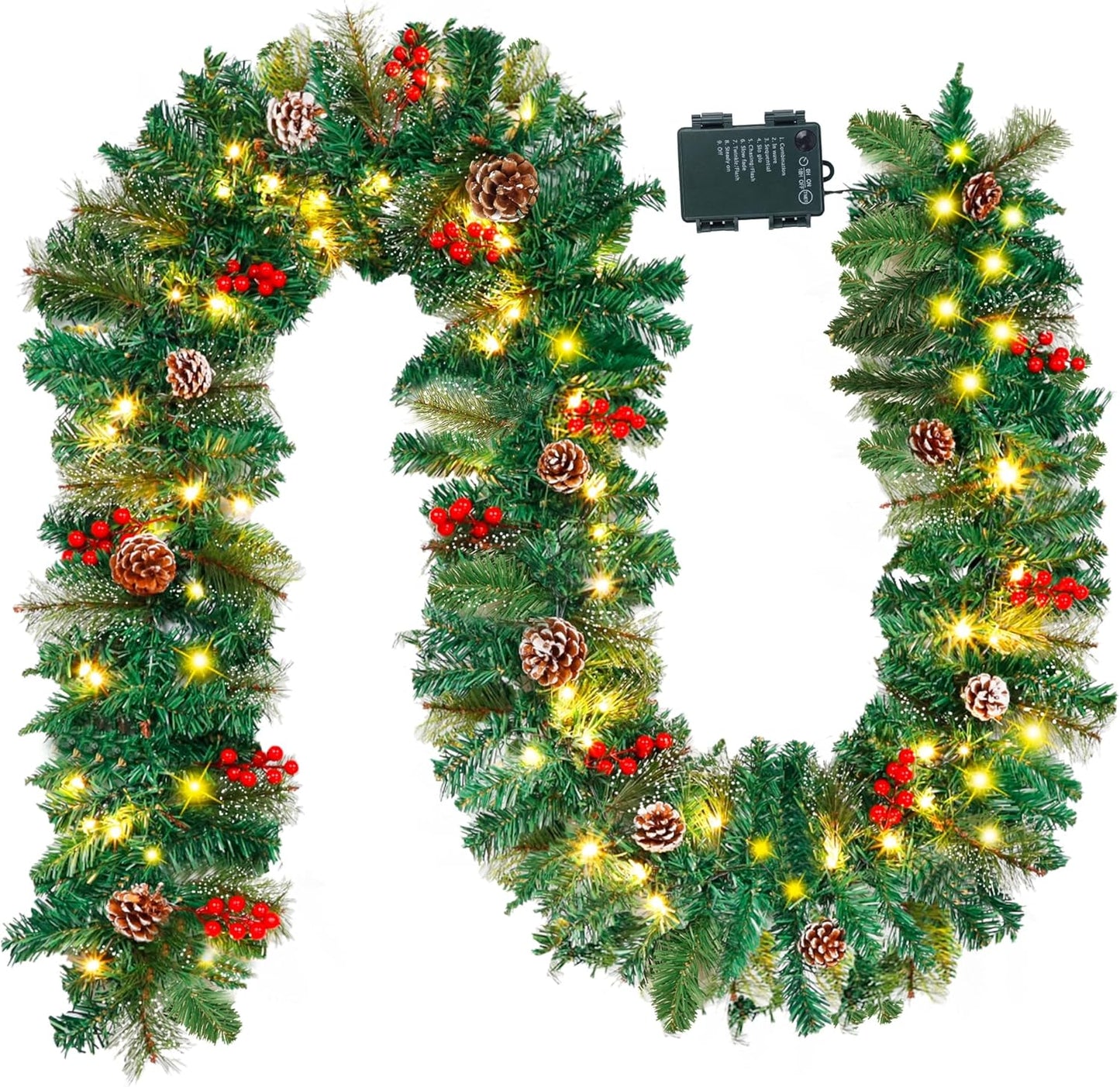 Juegoal 9FT Pre-Lit Christmas Garland - Artificial Greenery with Flowers, Berries & 50 Warm White LED Lights | Indoor/Outdoor Decor