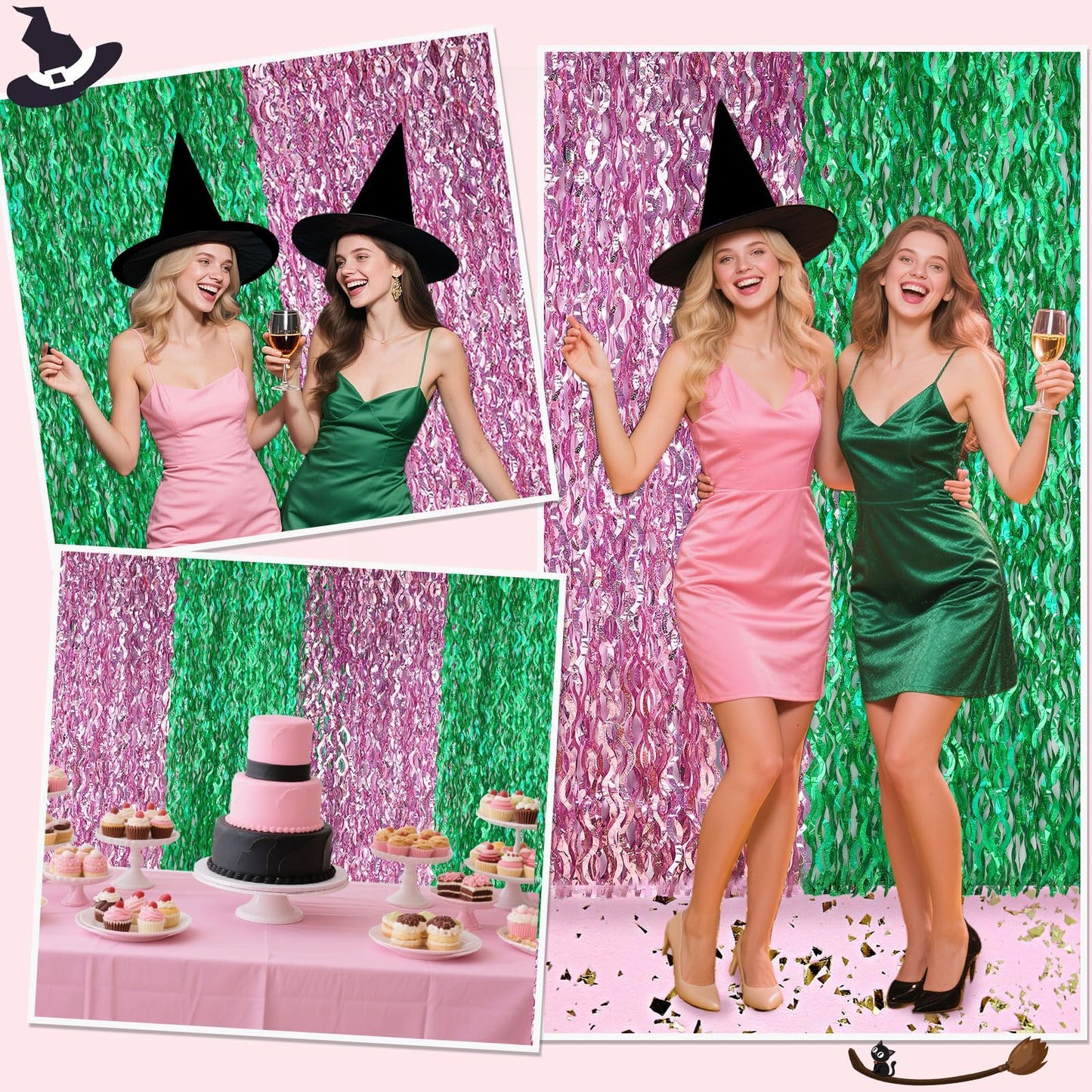 kaiolbly 6 Pack Pink and Green Foil Fringe Curtain, Wavy Photo Metallic Tinsel Background for Witch Birthday Party Decoration Bachelorette Wedding Streamer Backdrop Theme Supplies