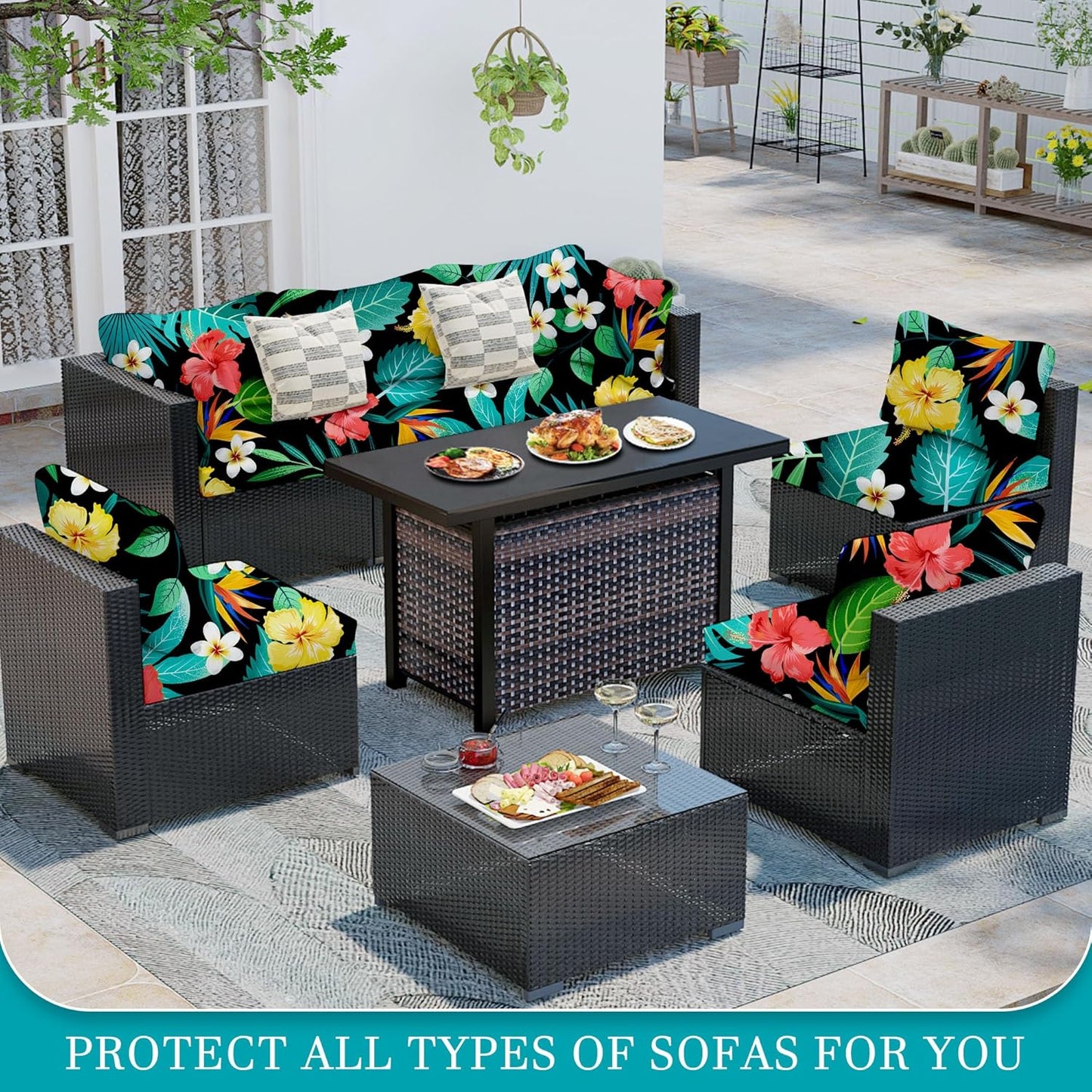 Skiennix 12 Pcs Stretch Patio Cushion Covers - Washable Floral Slipcovers for Outdoor Furniture
