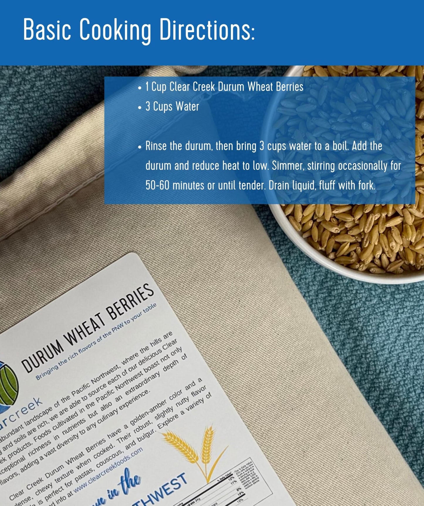 Clear Creek Certified Glyphosate Residue Free Durum Wheat Berries | 4 LBS | Whole Grains | Used to mill to Semolina Pasta Flour | North American Grown