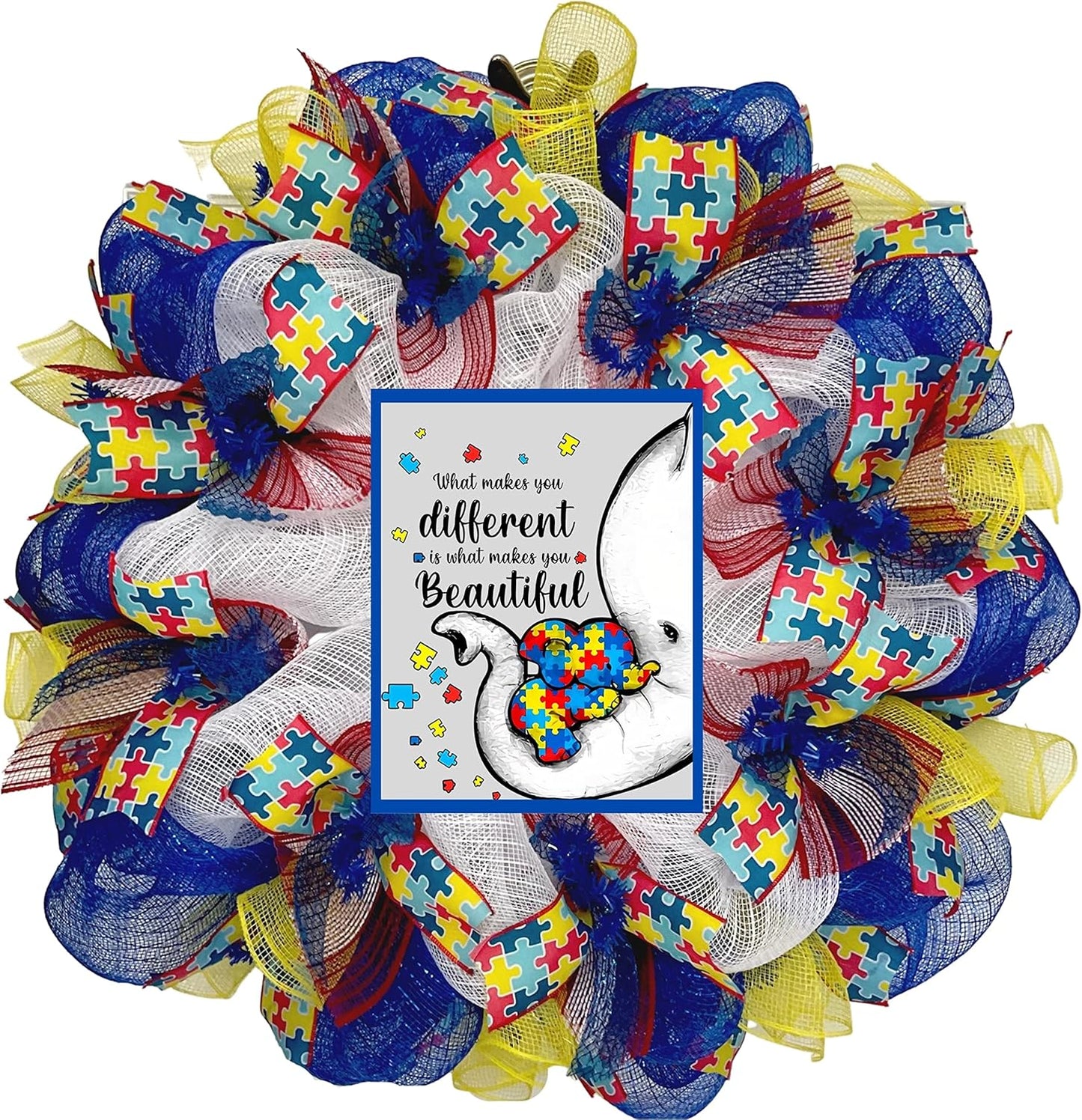 Autism Awareness Elephant Wreath - Handmade Deco Mesh | Available in 24-Inch & 28-Inch Sizes