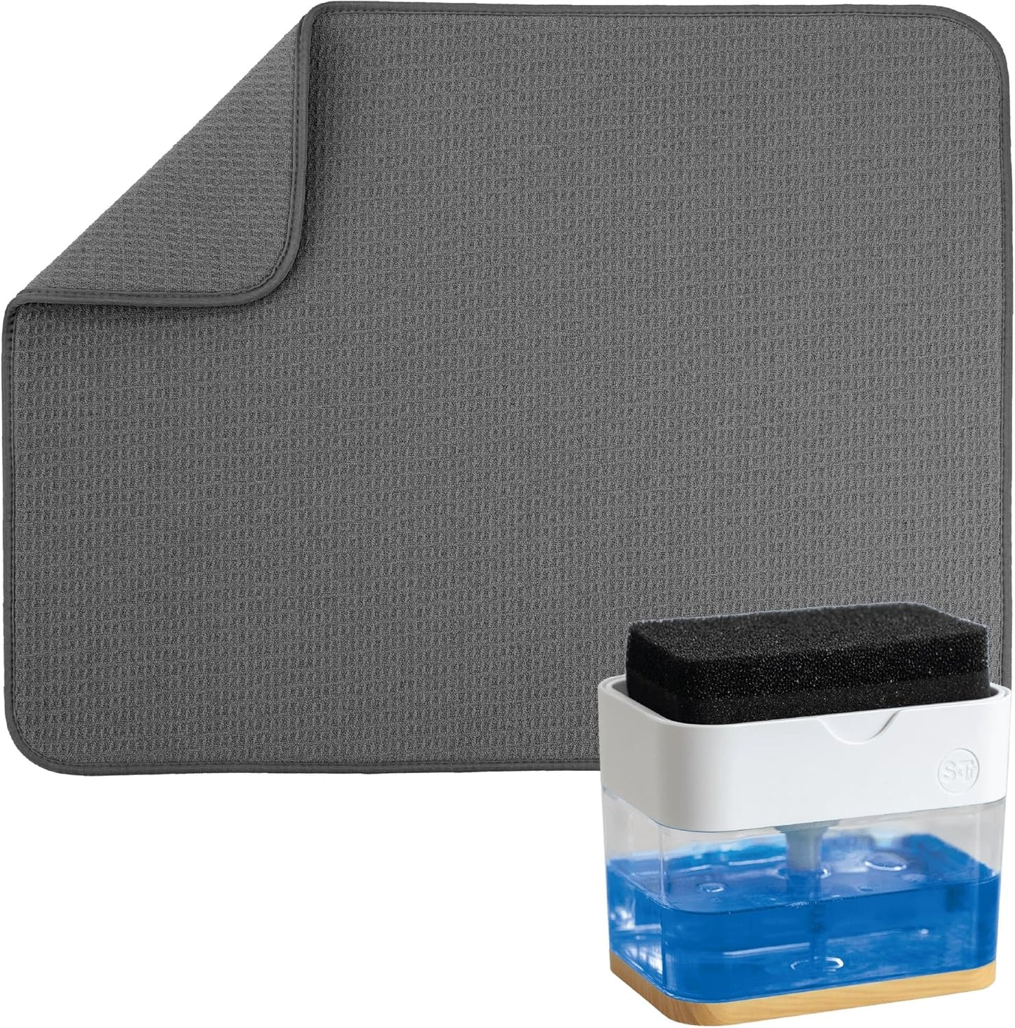 S&T INC. Dish Drying Mat - Charcoal 18" x 24" with White Bamboo Dish Soap Dispenser Bundle