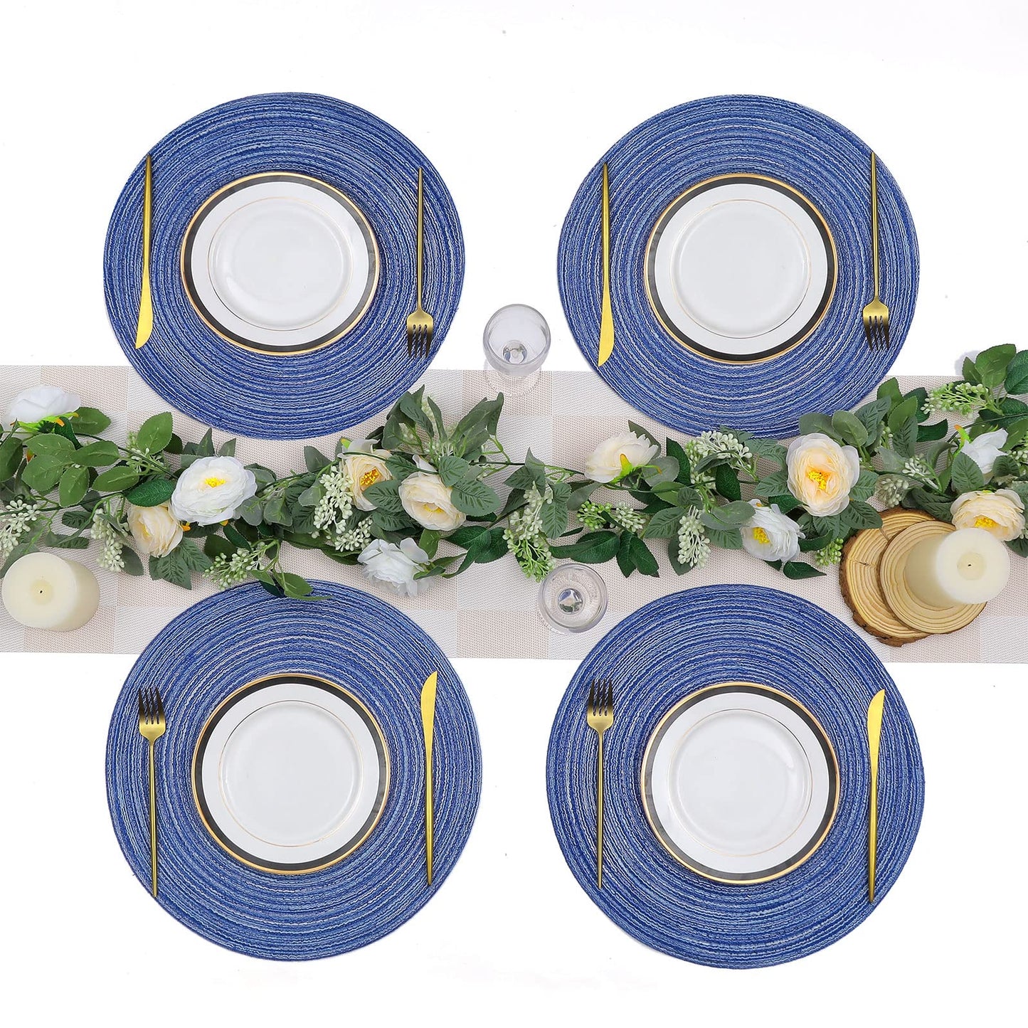 SHACOS Round Braided Placemats 15 inch Set of 6 Washable Kitchen Table Placemats for Home Wedding Party (Blue White, 6)
