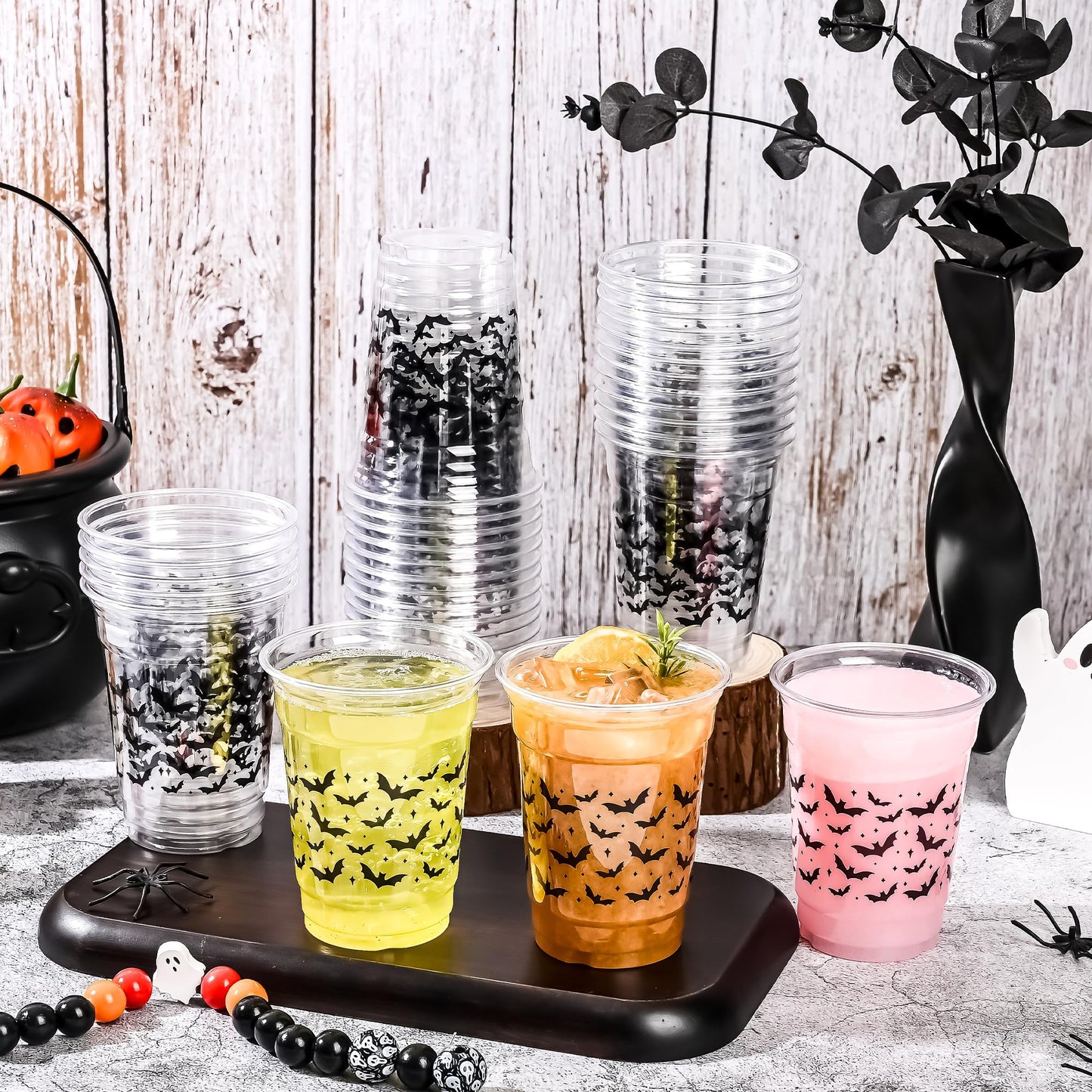 AimFun Halloween Bats Plastic Cups White Black Ghosts Disposable Party Cup Cute Spooky 12oz Clear Cups for Candy Beverage Snacks Birthday Baby Shower Party Supplies (50, Bats)