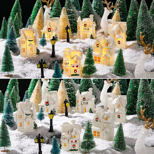 Kasyat Winter Village Set - 50 Pcs LED Lighted White Houses & Mini Trees for Christmas Decor