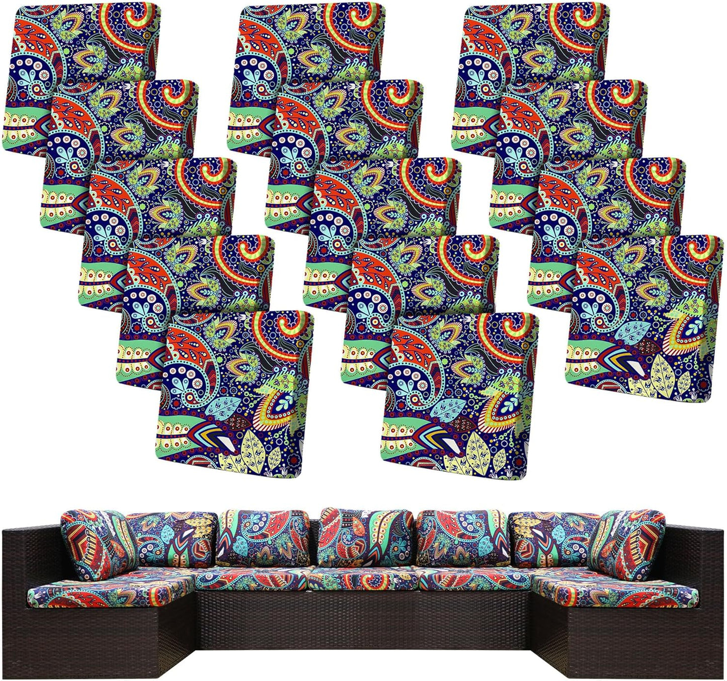 Rococo 14-Piece Stretch Patio Cushion Covers - Washable Outdoor Sofa Slipcovers for Furniture Protection