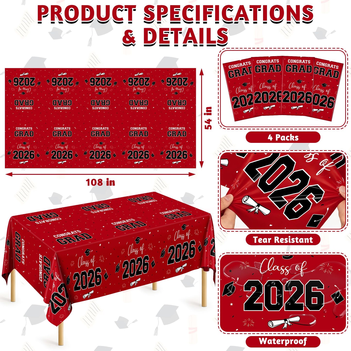 QZYL 4 Pack Graduation Table Cloth, 54" x 108" Red 2026 Graduation Table Decorations, Disposable Grad Party Decorations for College, Rectangle Plastic Tablecloth for Class of 2026 Congrats Grad