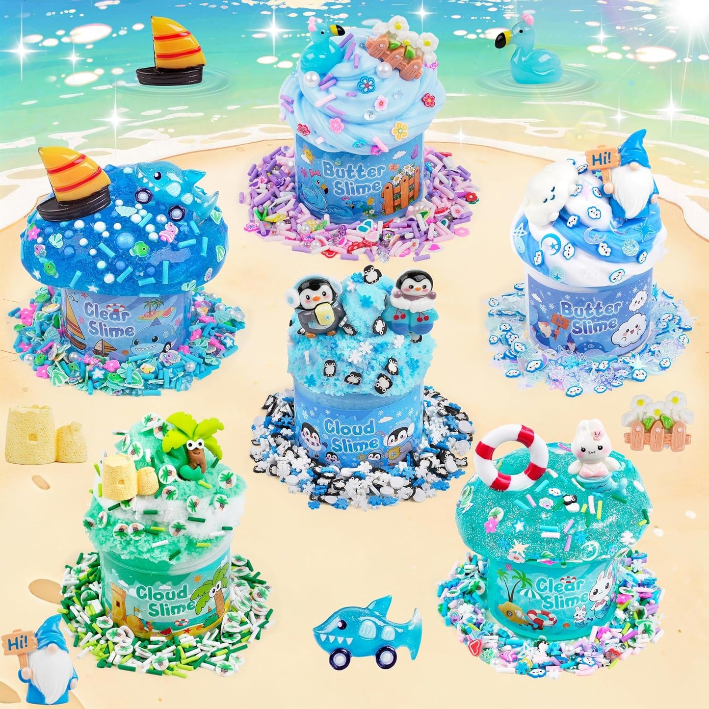 LAWOHO Blue Ocean Slime Kits - 6 Pack Clear Butter Cloud Slime for Kids Ages 8-12 | Perfect Birthday Party Favors