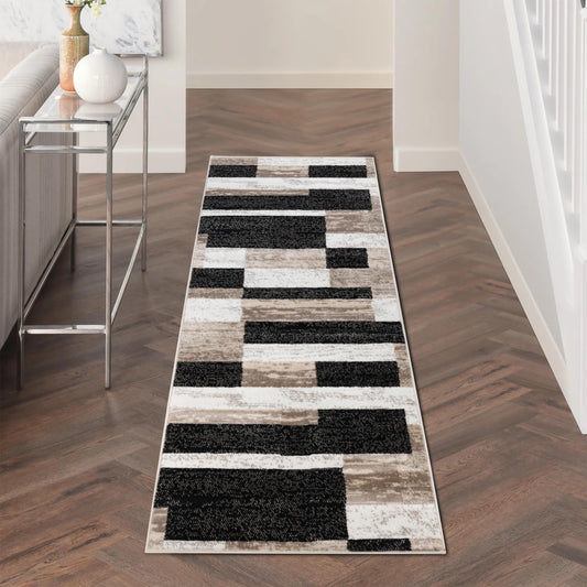 Superior Indoor Runner Rug, Jute Backed, Modern Geometric Patchwork Floor Decor for Bedroom, Office, Living Room, Entryway, Kitchen, Hardwood Floors, Rockwood Collection, 2' 7" x 12', Ivory-Beige