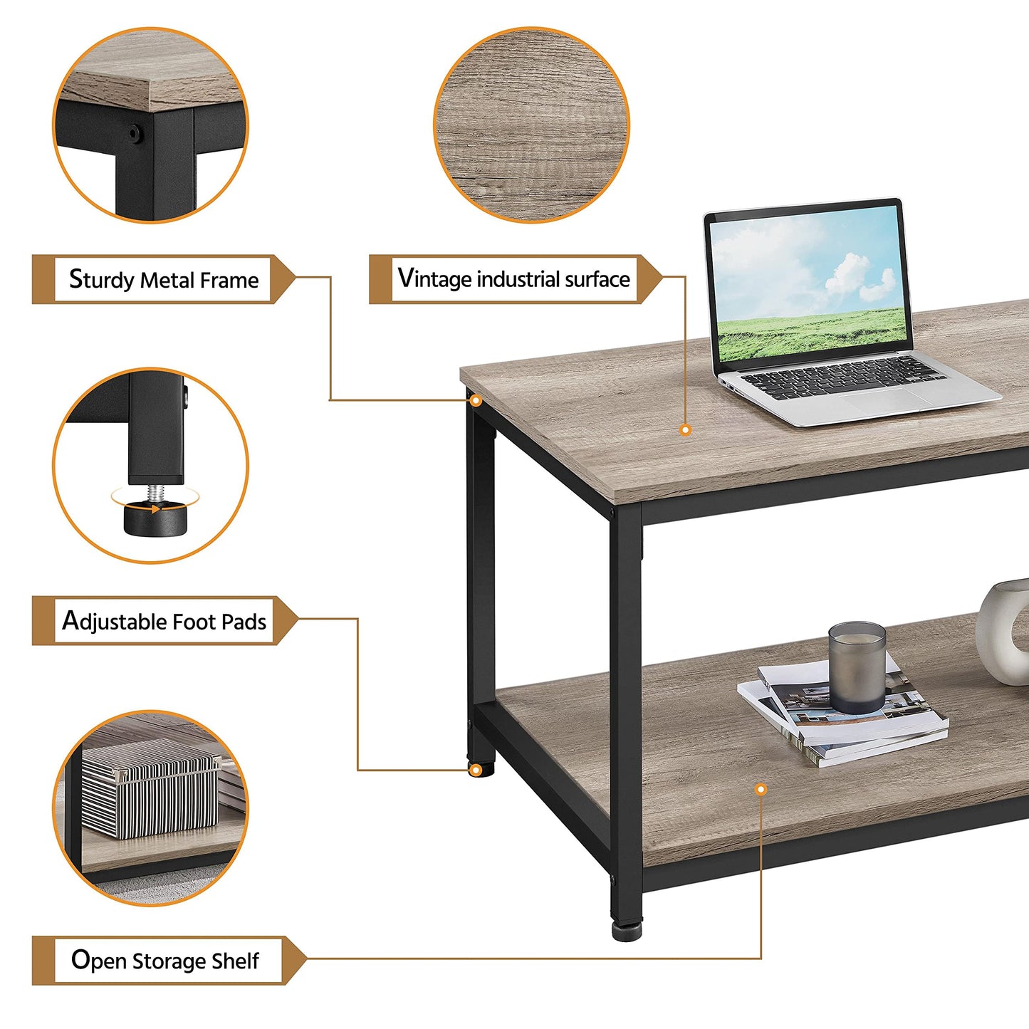 Yaheetech 39.5" 2-Tier Coffee Table with Storage Shelve, Industrial Gray Coffee Table, Easy Assembly, Wooden Center Tables for Living Room & Small Space, Gray
