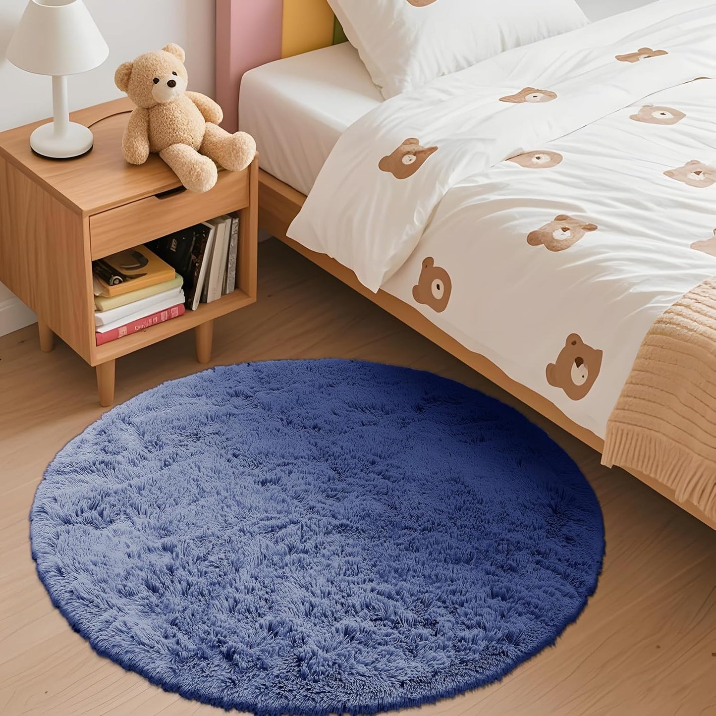 OLANLY Denim Blue Round Rug - Soft, Fluffy, Machine Washable 3 ft Circle Area Rug for Bedroom & Living Room