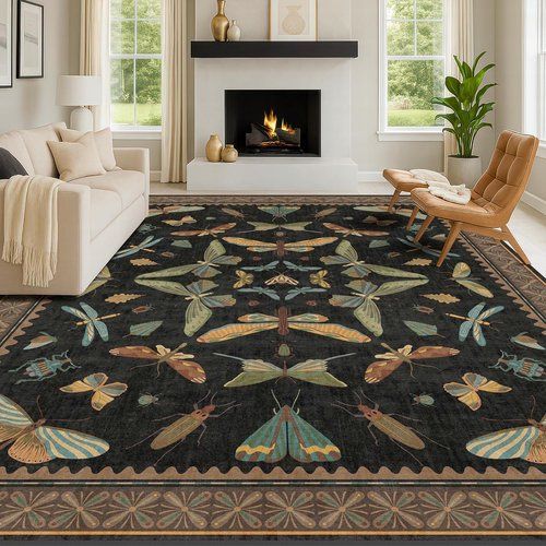 Hazo Haus Black Washable Insect Area Rug - Ultra Soft Low Pile | 8x10 for Living Room, Bedroom & Dining Room