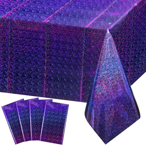 FunnyPars 4 Pack Iridescent Plastic Tablecloths Shiny Disposable Laser Rectangle Table Covers Holographic Foil Tablecloth Iridescent Kpop Birthday Bridal Wedding Party Decoration, 54"x108"(Purple)