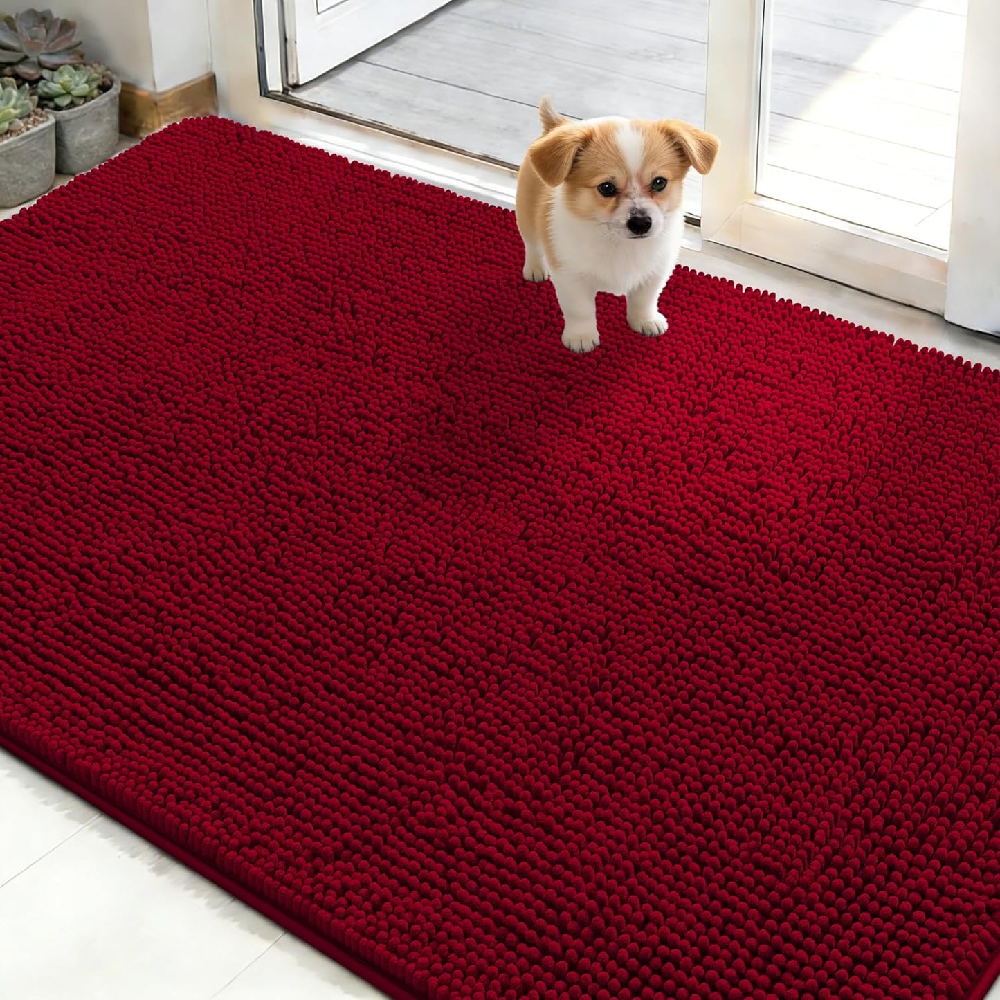 OLANLY Dog Door Mat - Absorbent Non-Slip Washable Chenille Mat for Muddy Paws | 50x30 Red
