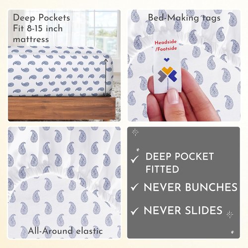 California Design Den Twin Sheet Set - 400 Thread Count Sateen, 100% Cotton, Durable Bedding - Paisley Blue